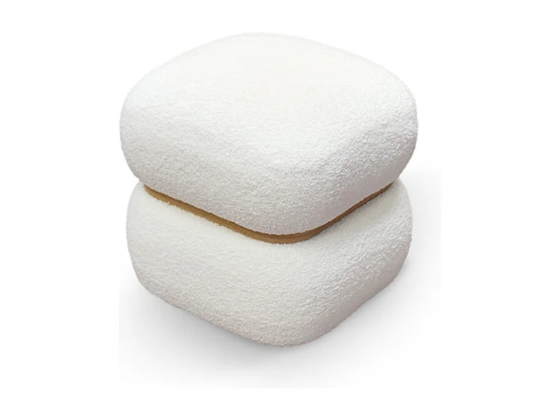 Pouf carré en tissu blanc effet laine et anneau en bois - BOSTON