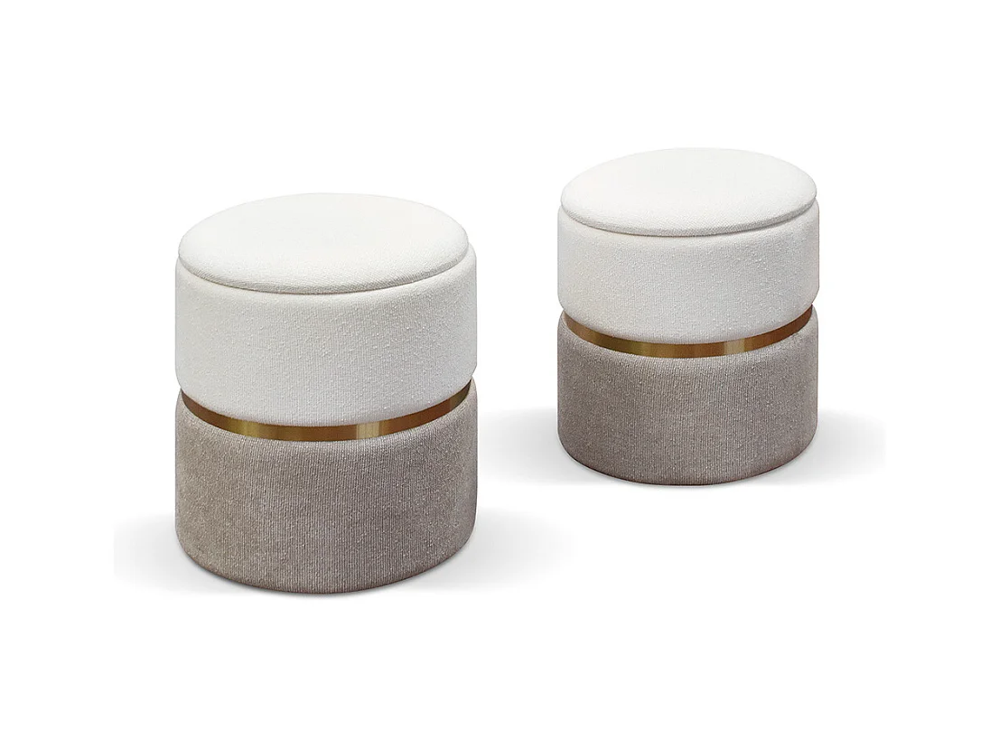 Lot de 2 poufs de rangement en tissu effet velours blanc et gris tourterelle - SKIEN