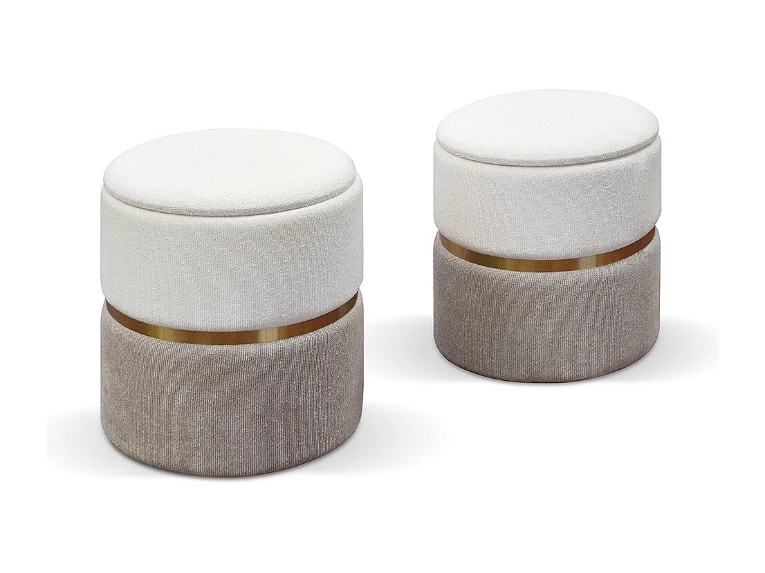 Lot de 2 poufs de rangement en tissu effet velours blanc et gris tourterelle - SKIEN