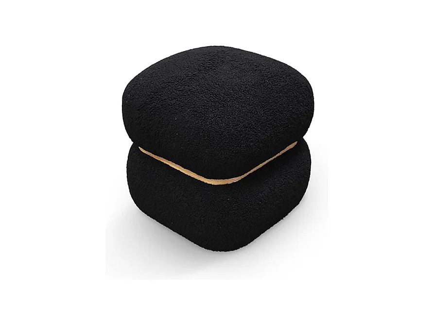 Pouf carré en tissu noir effet laine et anneau en bois - BOSTON