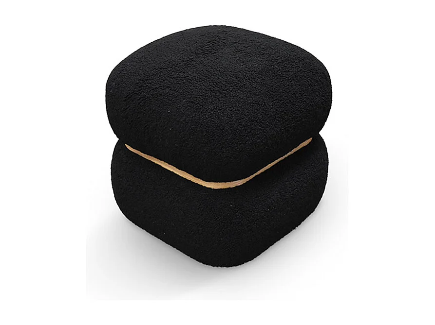 Pouf carré en tissu noir effet laine et anneau en bois - BOSTON
