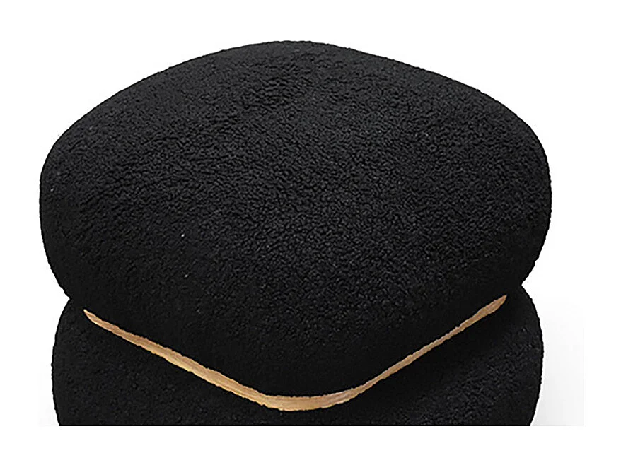 Pouf carré en tissu noir effet laine et anneau en bois - BOSTON