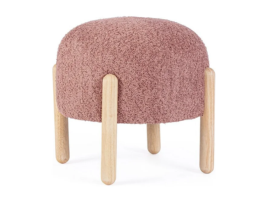 Pouf en tissu rose foncé effet bouclé et pieds en bois de caoutchouc - DAYLA