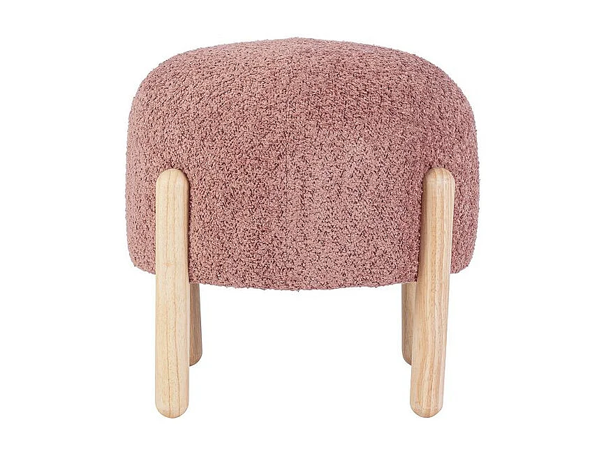 Pouf en tissu rose foncé effet bouclé et pieds en bois de caoutchouc - DAYLA