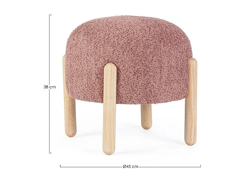 Pouf en tissu rose foncé effet bouclé et pieds en bois de caoutchouc - DAYLA