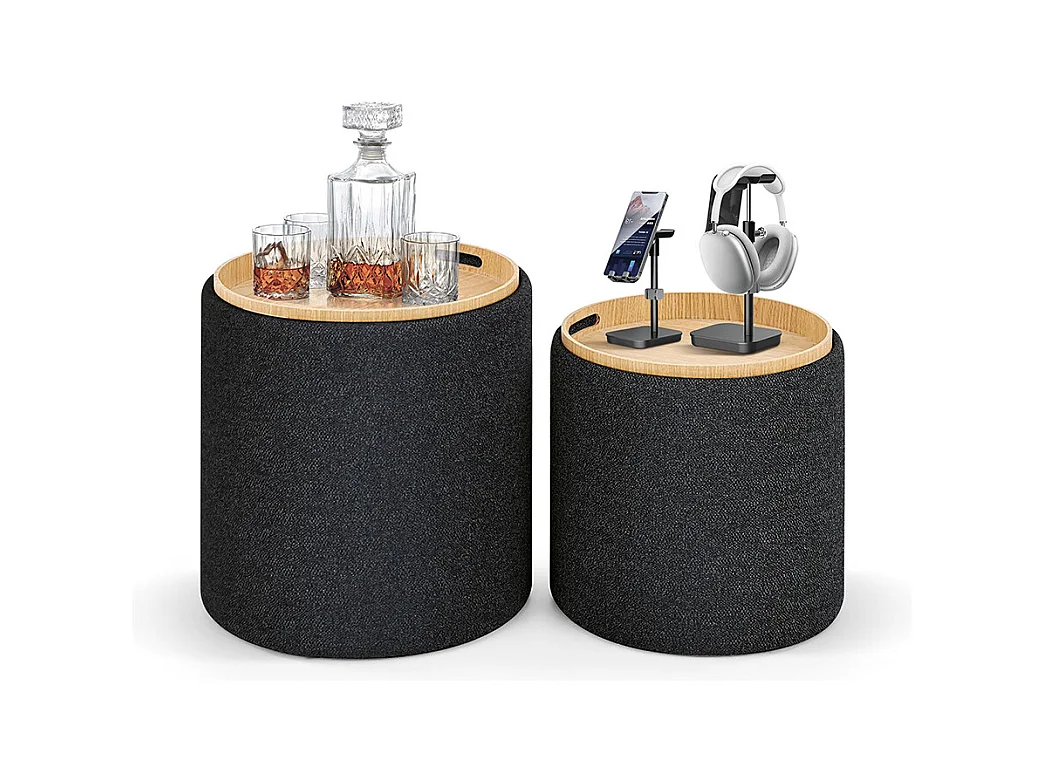 Set aus 2 Hockern aus grauem Stoff und Holz, umwandelbar in einen Couchtisch - BERGEN