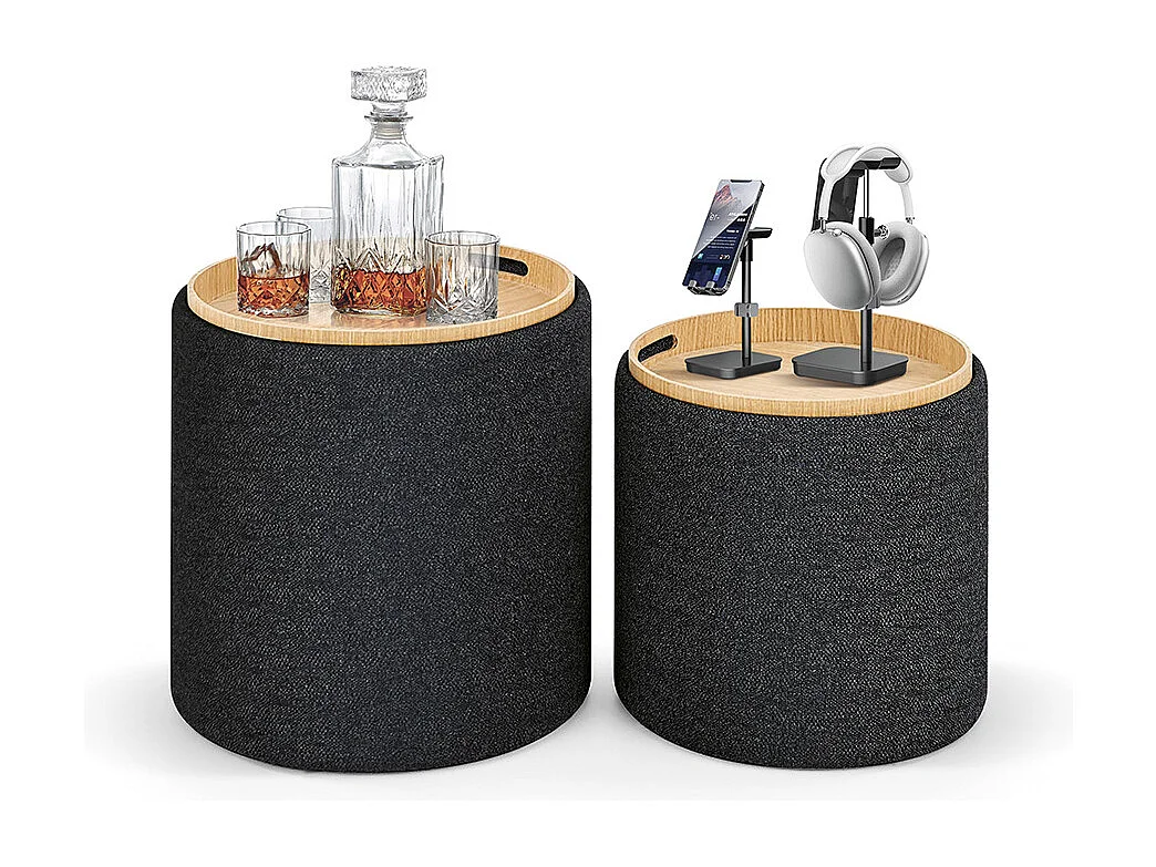 Lot de 2 poufs en tissu gris et bois, transformables en table basse - BERGEN