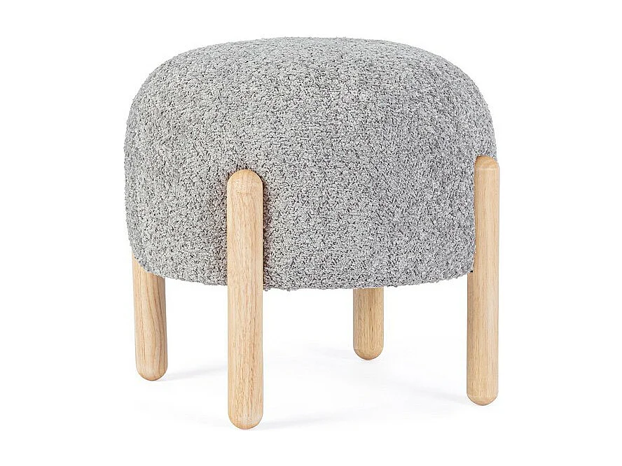 Jasnoszara pufa z tkaniny z efektem bouclé i nóżkami z drewna kauczukowego - DAYLA