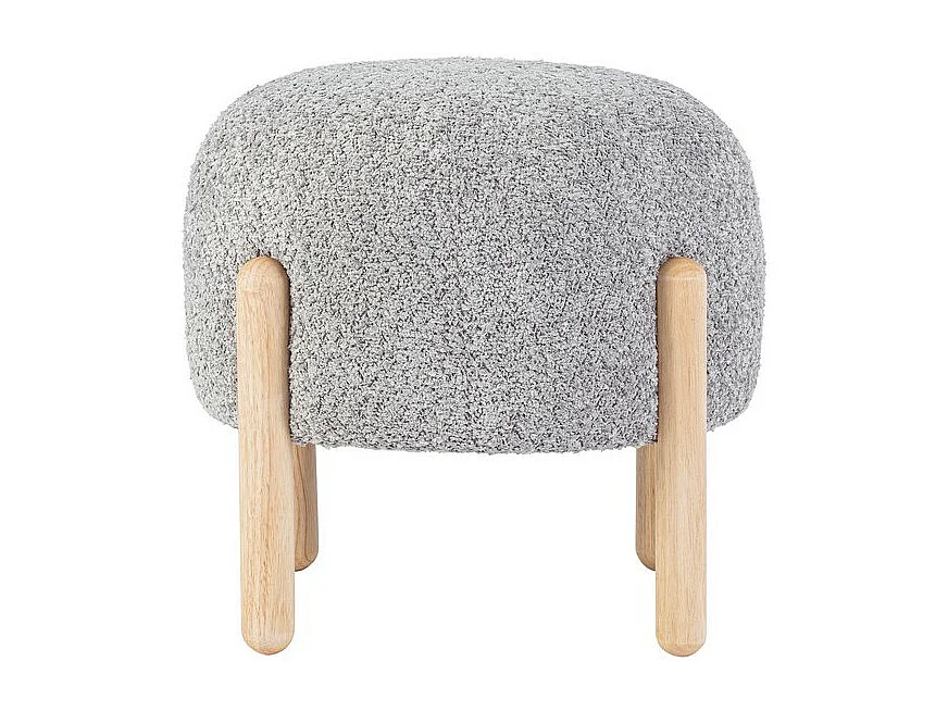 Jasnoszara pufa z tkaniny z efektem bouclé i nóżkami z drewna kauczukowego - DAYLA