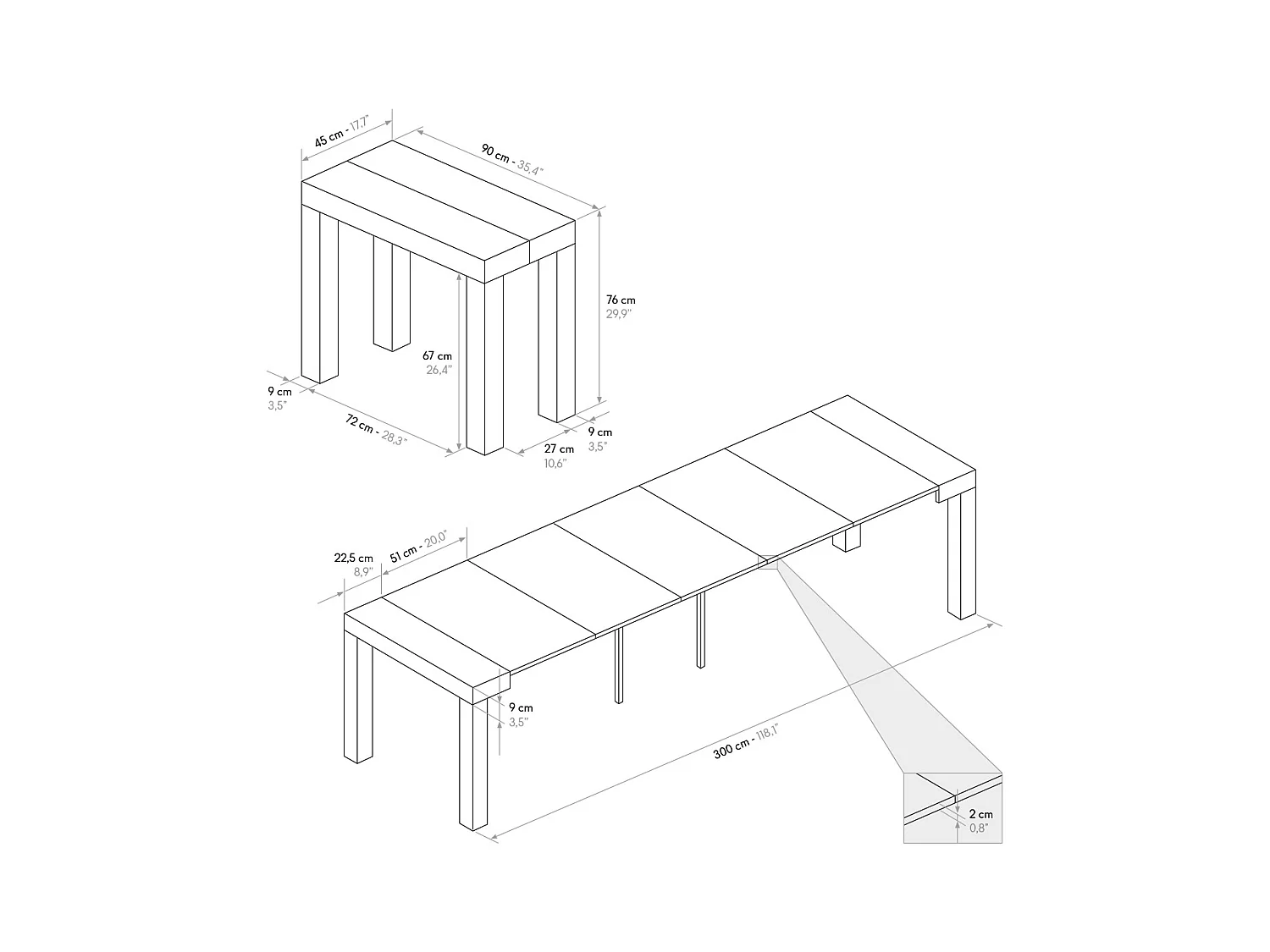Ausziehbarer Konsolentisch in Zementgrau 90×45 cm - 90×300 cm - VIAREGGIO
