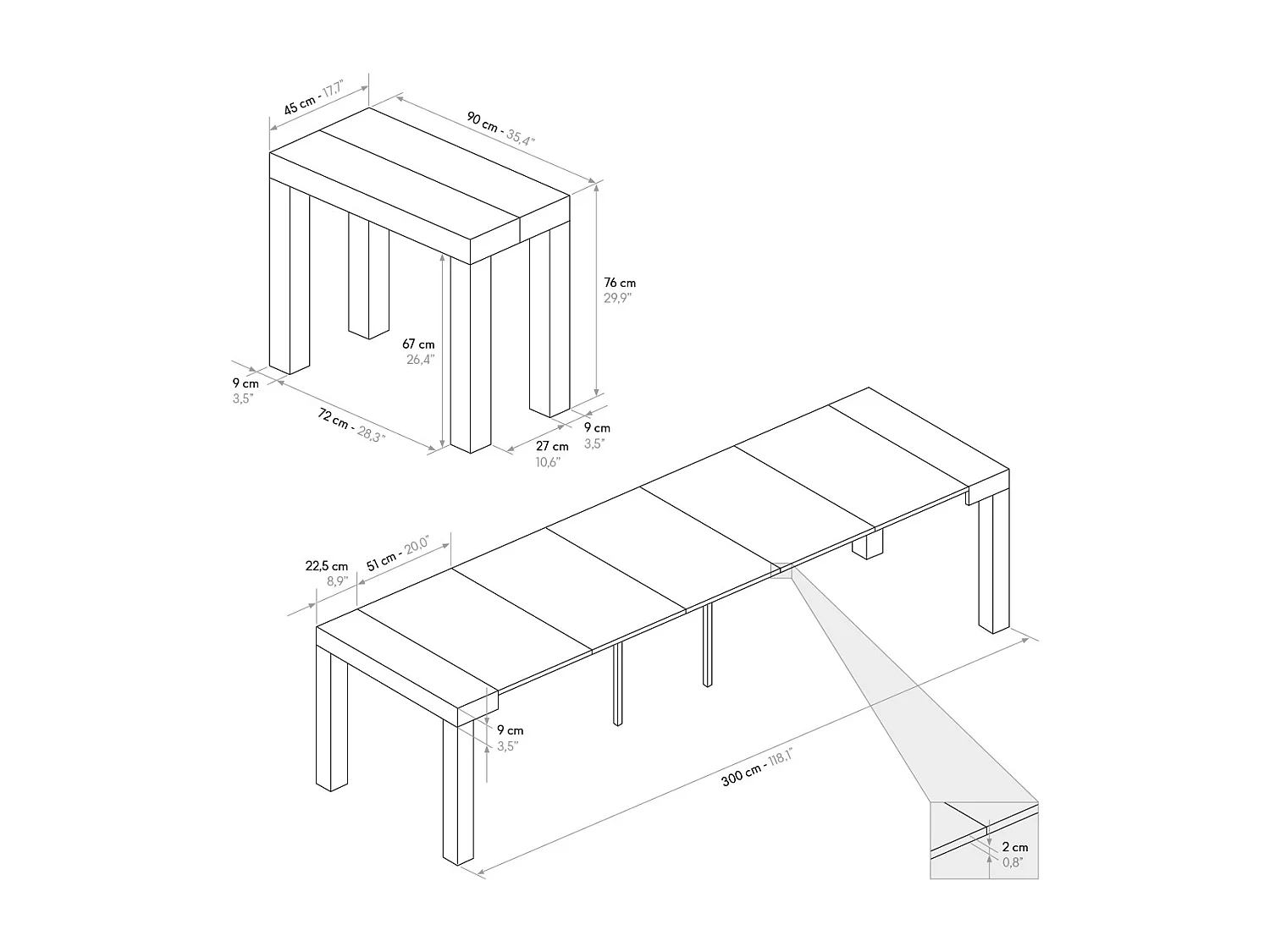 Uitschuifbare consoletafel in essen wit effect 90×45 cm - 90×300 - VIAREGGIO