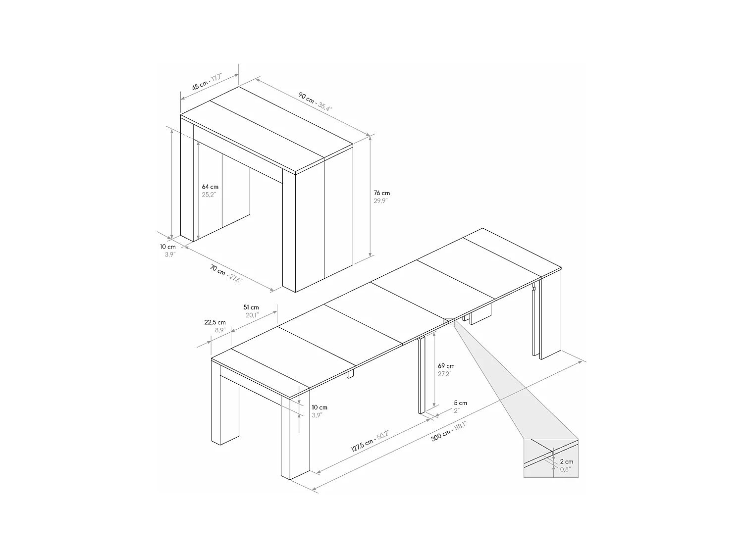 Mesa de consola extensível em madeira, acabamento em olmo pérola 90×45-90×295 cm - GAIOLE