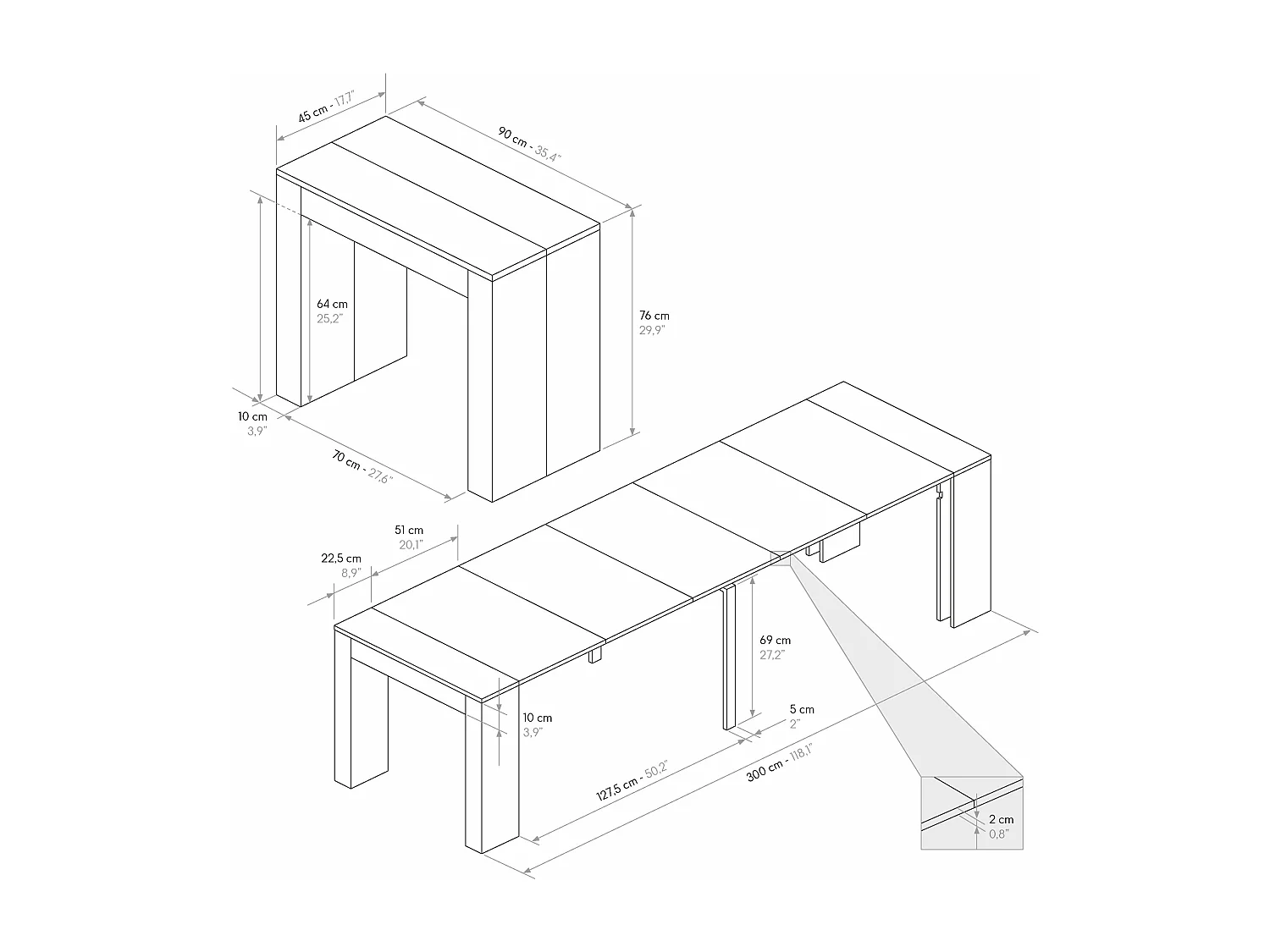 Mesa de consola extensível em madeira, acabamento em olmo pérola 90×45-90×295 cm - GAIOLE
