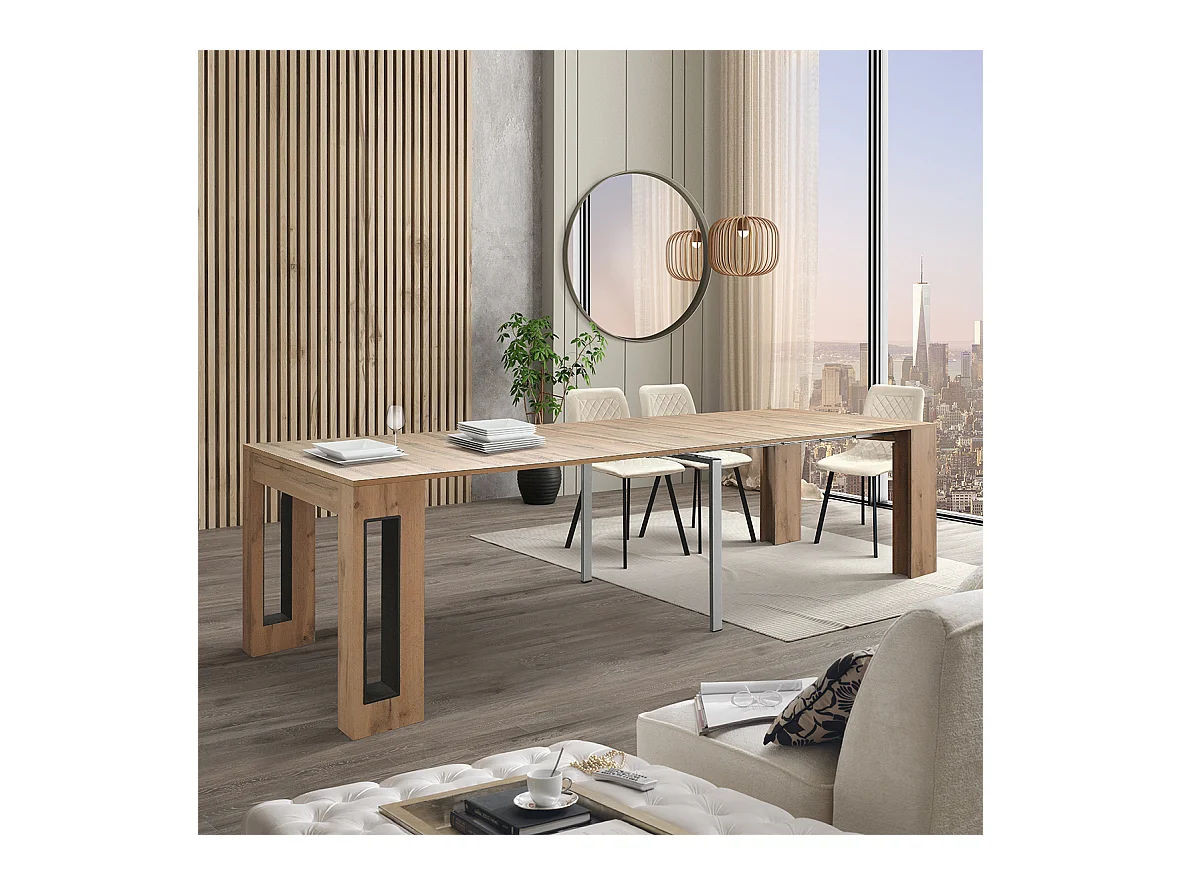 Consola extensible de madera, acabado roble rústico 90×45-90×295 cm - GAIOLE