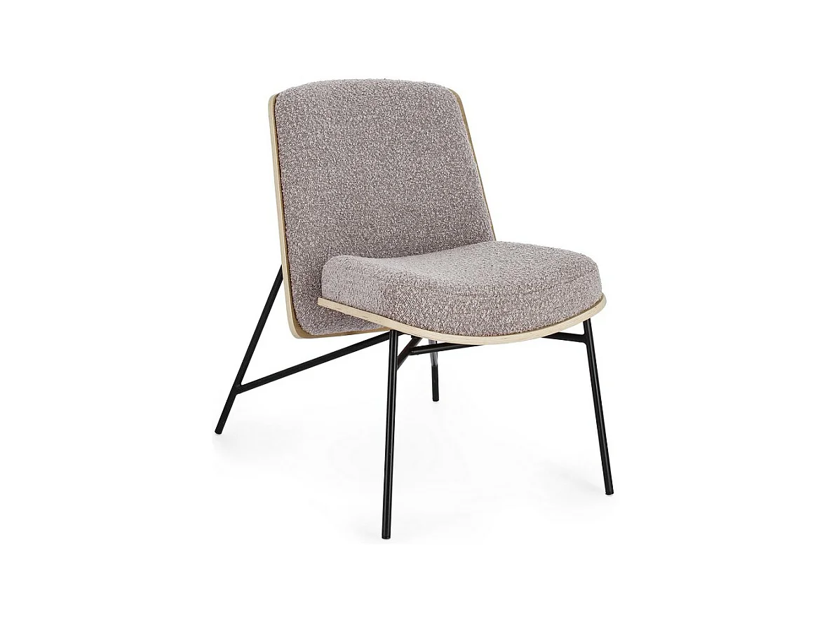 Fotel z gołębioszarej tkaniny z efektem bouclé i czarnymi stalowymi nogami - EMERSON