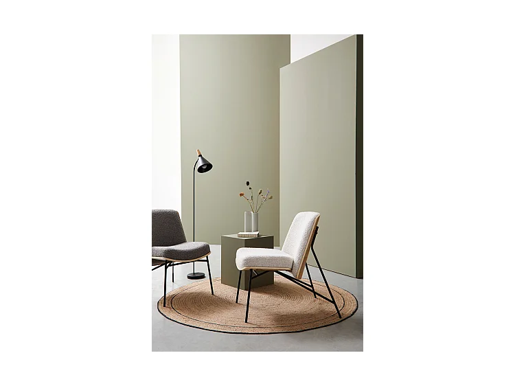 Fauteuil in duifgrijze bouclé-effect stof en zwarte stalen poten - EMERSON