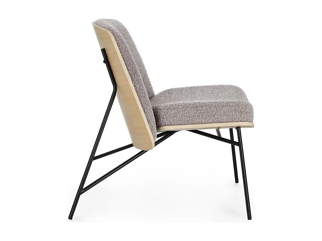 Fotel z gołębioszarej tkaniny z efektem bouclé i czarnymi stalowymi nogami - EMERSON