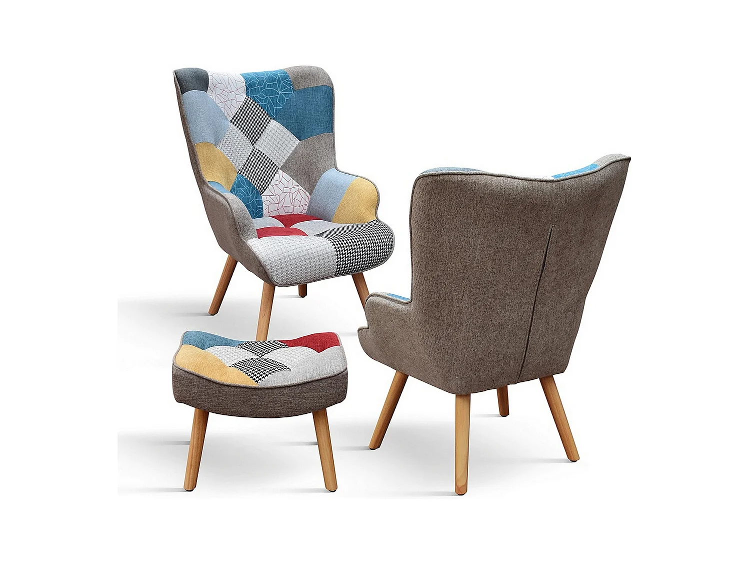 Cadeirão em tecido patchwork multicolorido, pernas de madeira, com apoio para os pés - HAVANA