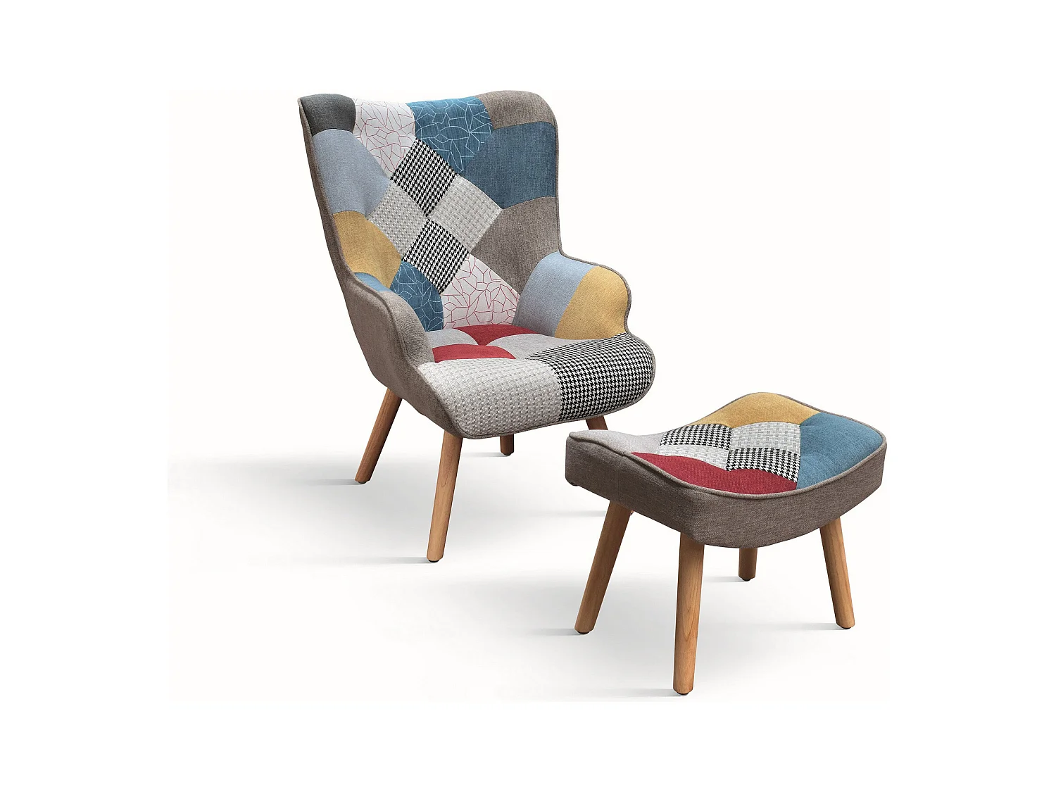 Fauteuil en tissu patchwork multicolore, pieds en bois, avec pouf - HAVANA