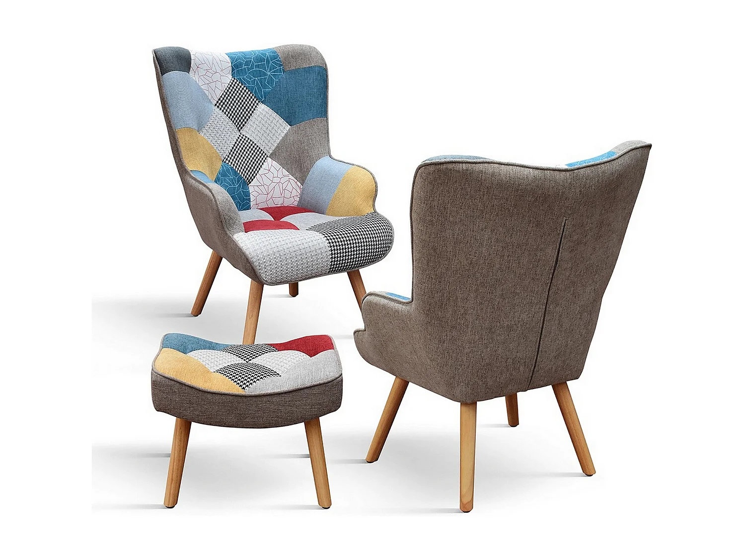 Veelkleurige patchwork stoffen fauteuil, houten poten, met voetensteun - HAVANA