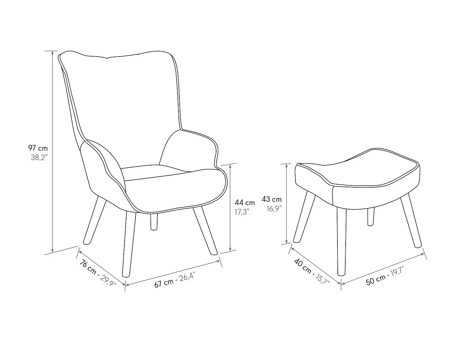 Veelkleurige patchwork stoffen fauteuil, houten poten, met voetensteun - HAVANA