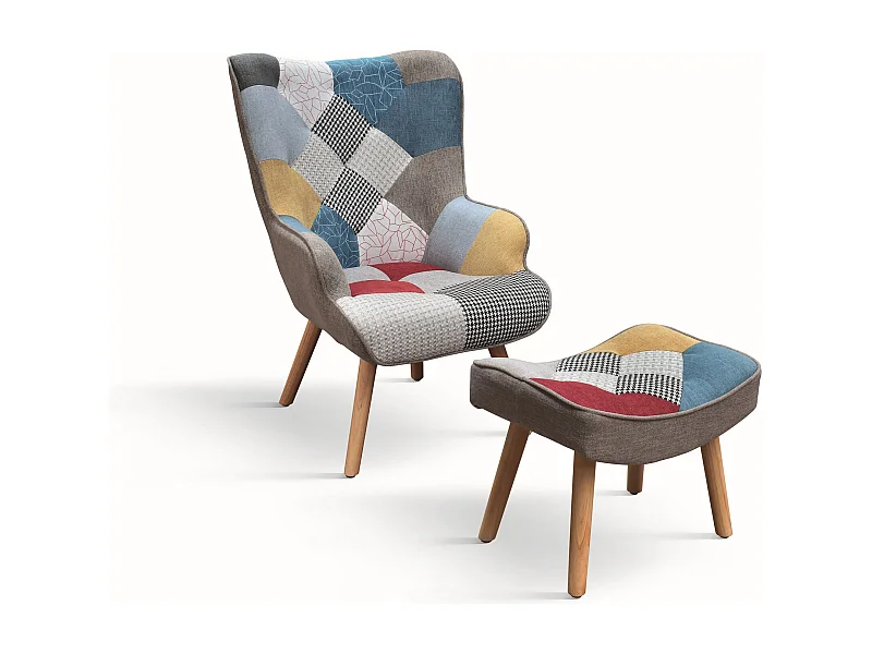 Veelkleurige patchwork stoffen fauteuil, houten poten, met voetensteun - HAVANA
