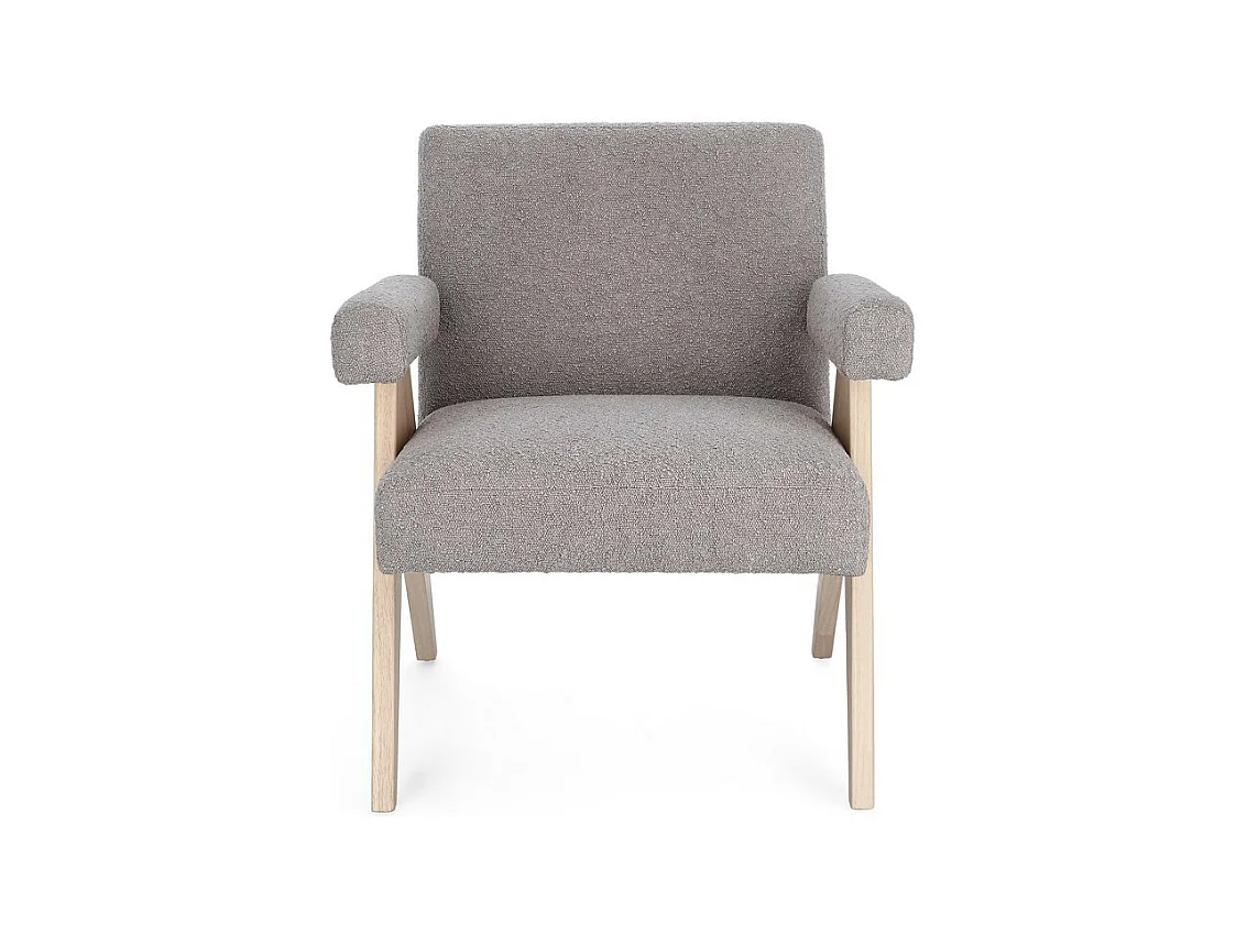 Fauteuil in duifgrijze bouclé-effect stof en rubberhouten poten - FAIZA