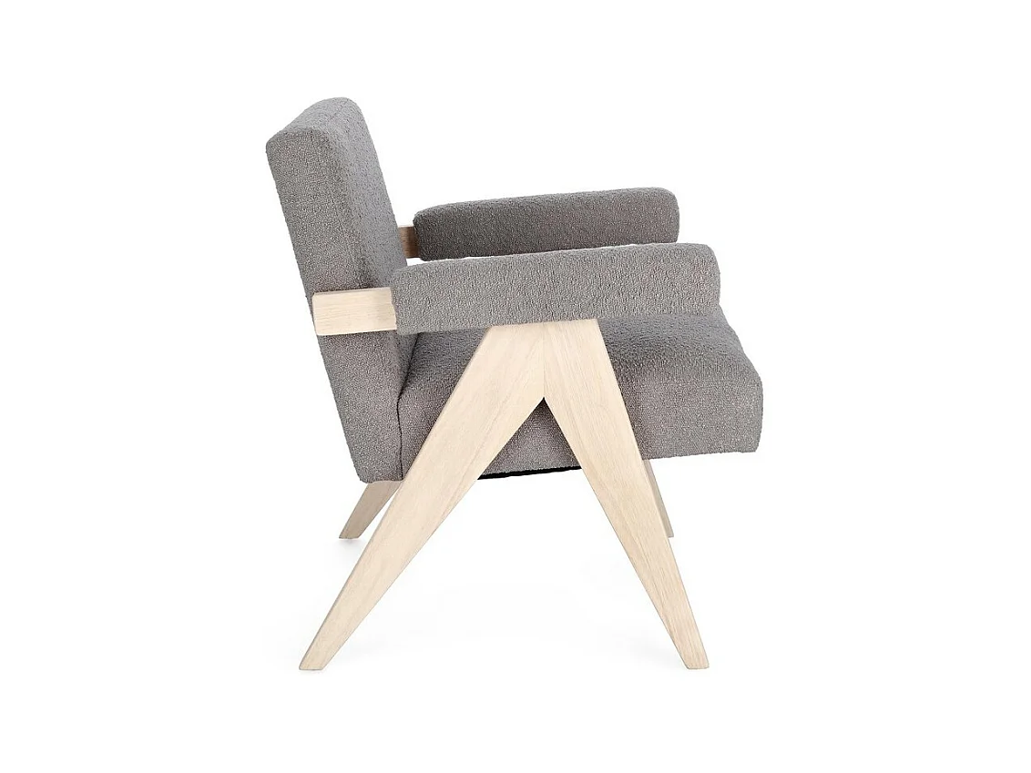 Fauteuil in duifgrijze bouclé-effect stof en rubberhouten poten - FAIZA