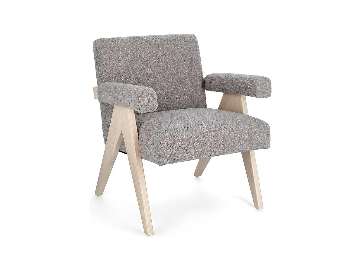 Fauteuil en tissu bouclé gris tourterelle et pieds en bois d'hévéa - FAIZA