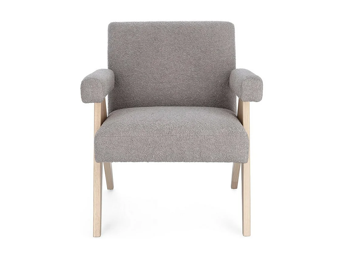 Fauteuil en tissu bouclé gris tourterelle et pieds en bois d'hévéa - FAIZA
