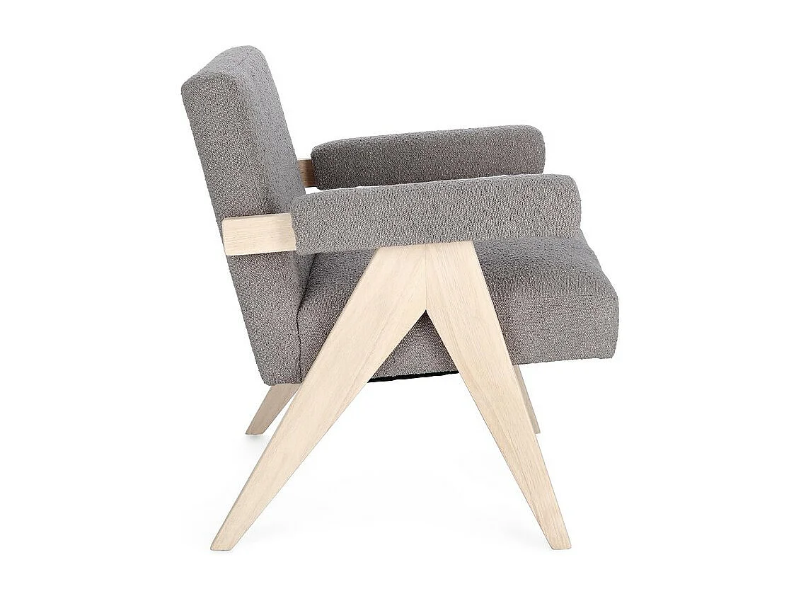 Fauteuil en tissu bouclé gris tourterelle et pieds en bois d'hévéa - FAIZA