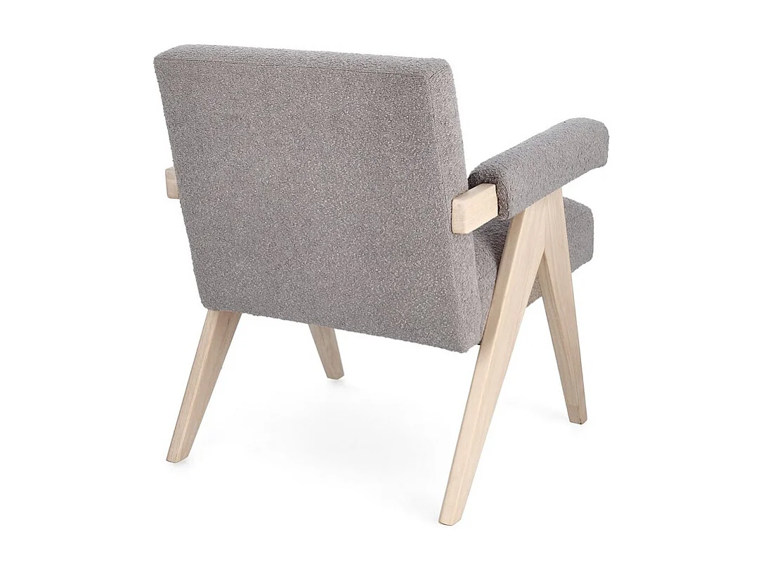 Fauteuil en tissu bouclé gris tourterelle et pieds en bois d'hévéa - FAIZA