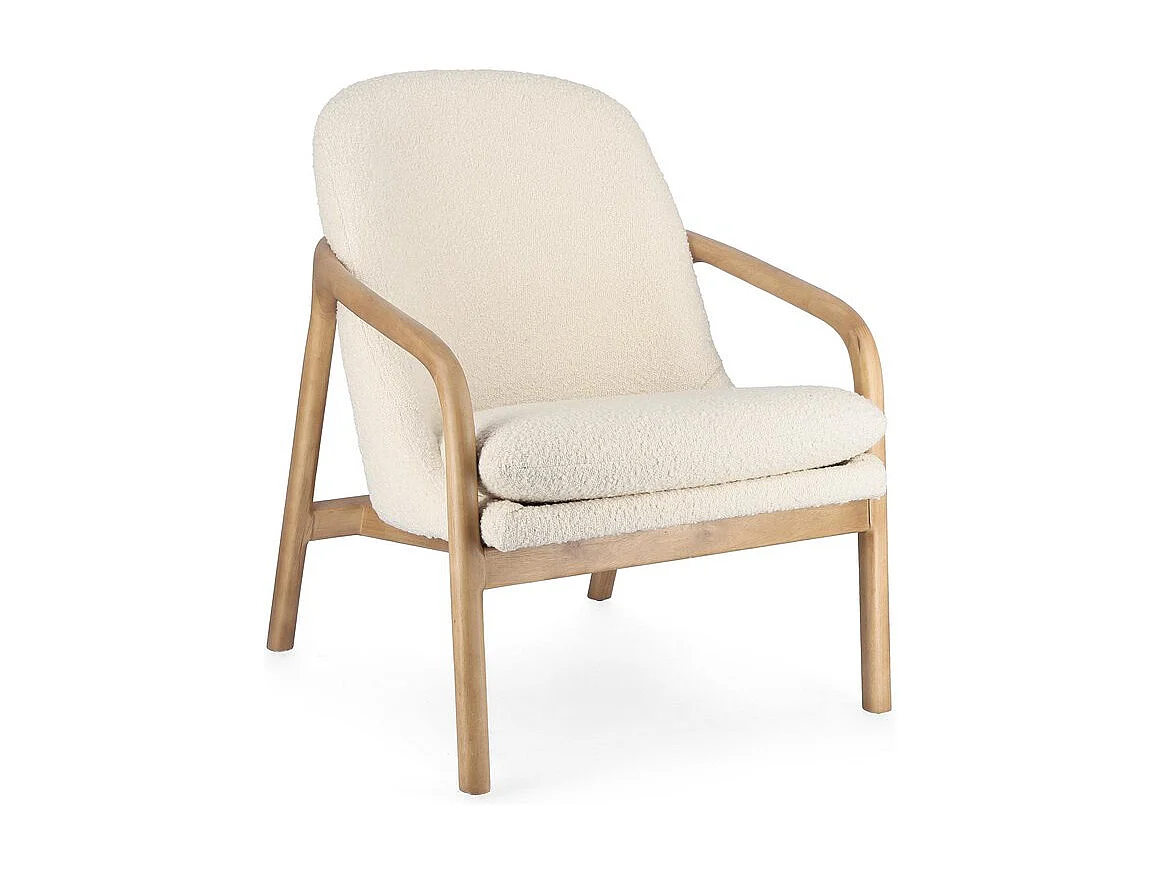Poltrona in tessuto effetto bouclé bianco, struttura legno rubberwood - ELAIDE