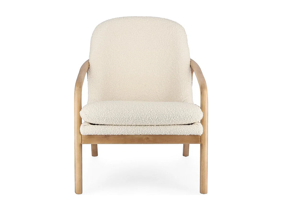 Poltrona in tessuto effetto bouclé bianco, struttura legno rubberwood - ELAIDE