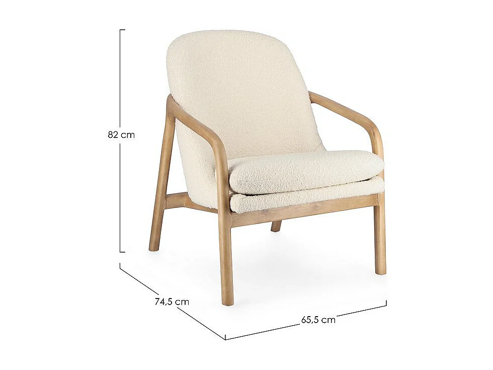 Poltrona in tessuto effetto bouclé bianco, struttura legno rubberwood - ELAIDE