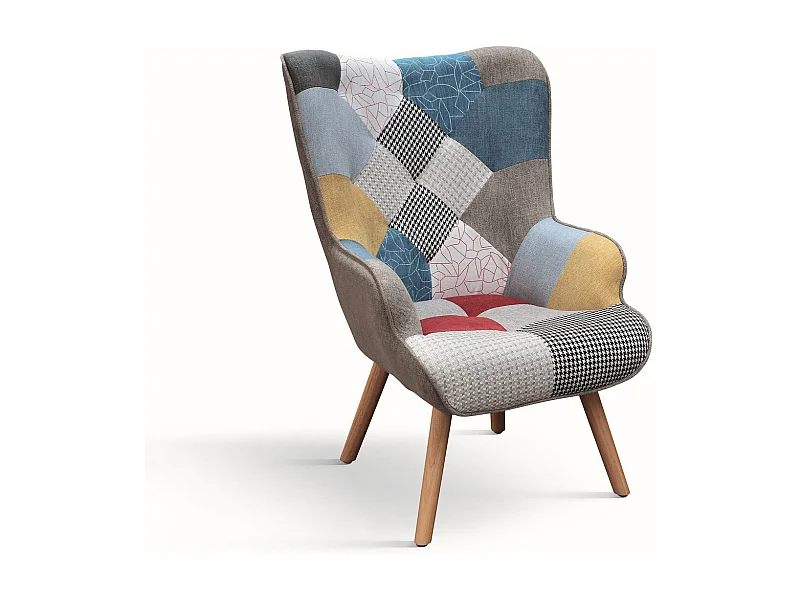 Cadeirão em tecido patchwork multicolorido com pernas de madeira - HAVANA