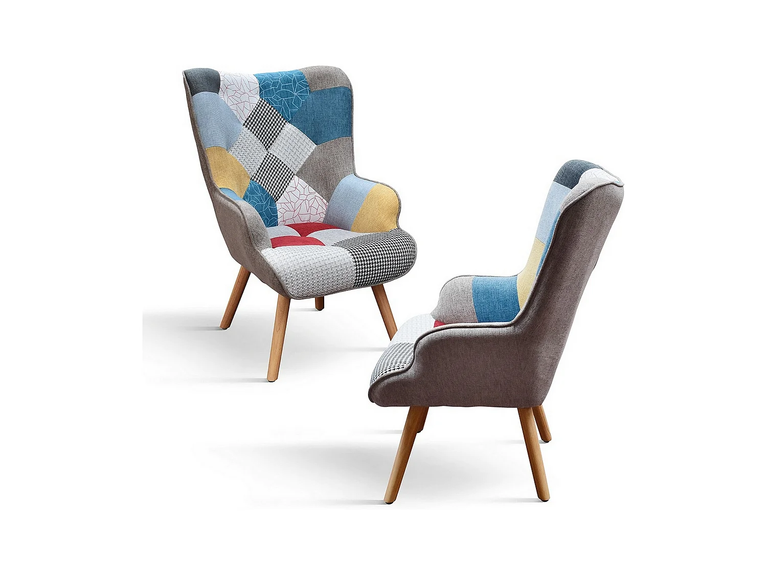 Fauteuil en tissu patchwork multicolore avec pieds en bois - HAVANA