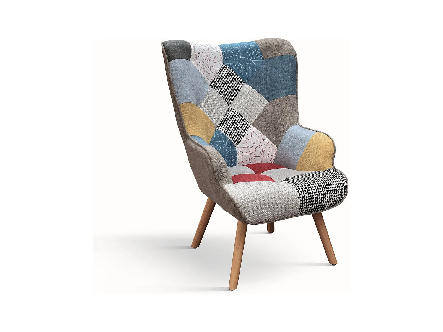 Fauteuil en tissu patchwork multicolore avec pieds en bois - HAVANA