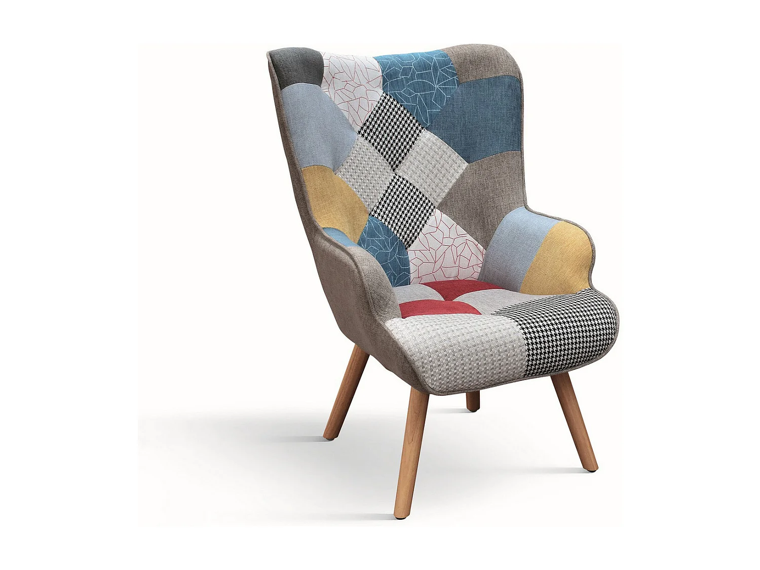 Veelkleurige patchwork stoffen fauteuil met houten poten - HAVANA