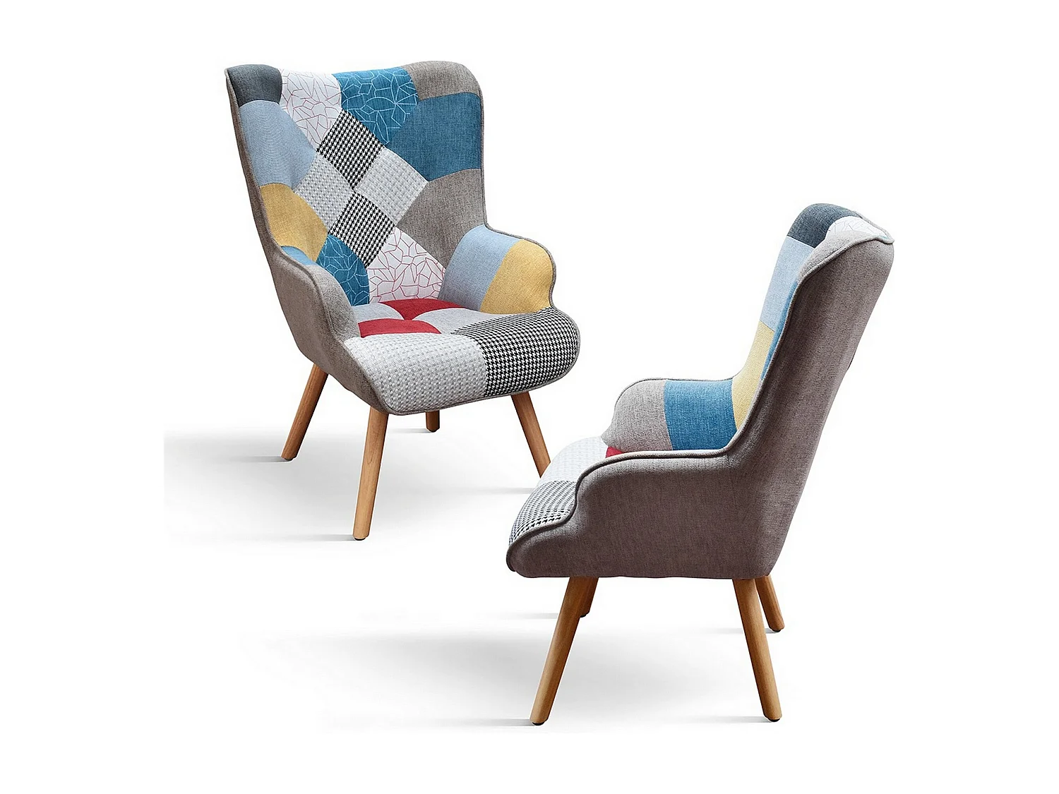 Veelkleurige patchwork stoffen fauteuil met houten poten - HAVANA