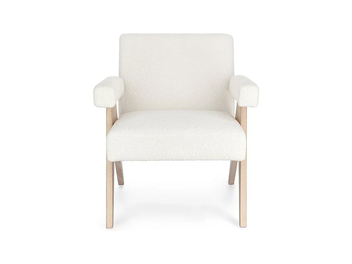 Poltrona in tessuto effetto bouclé avorio e gambe in legno rubberwood - FAIZA