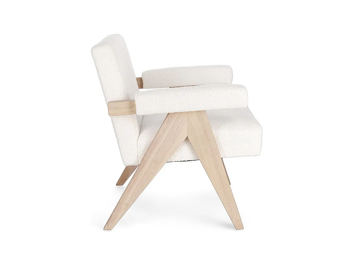 Poltrona in tessuto effetto bouclé avorio e gambe in legno rubberwood - FAIZA