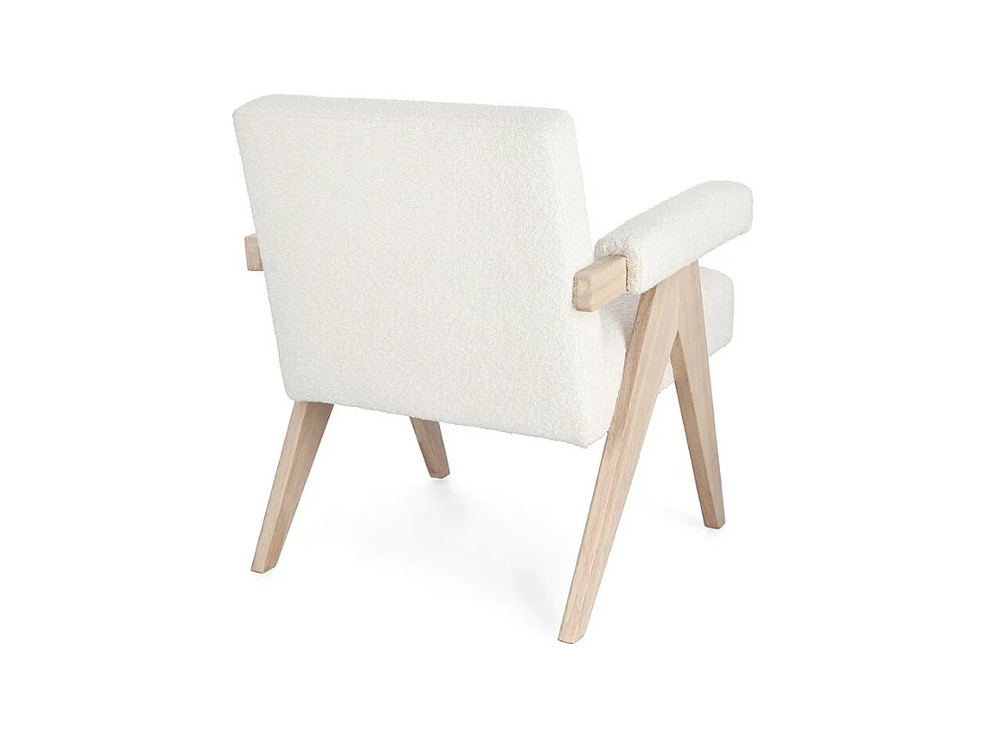Poltrona in tessuto effetto bouclé avorio e gambe in legno rubberwood - FAIZA