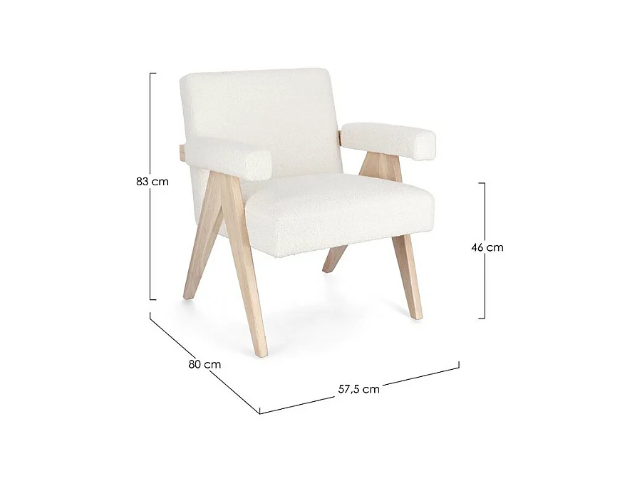 Poltrona in tessuto effetto bouclé avorio e gambe in legno rubberwood - FAIZA