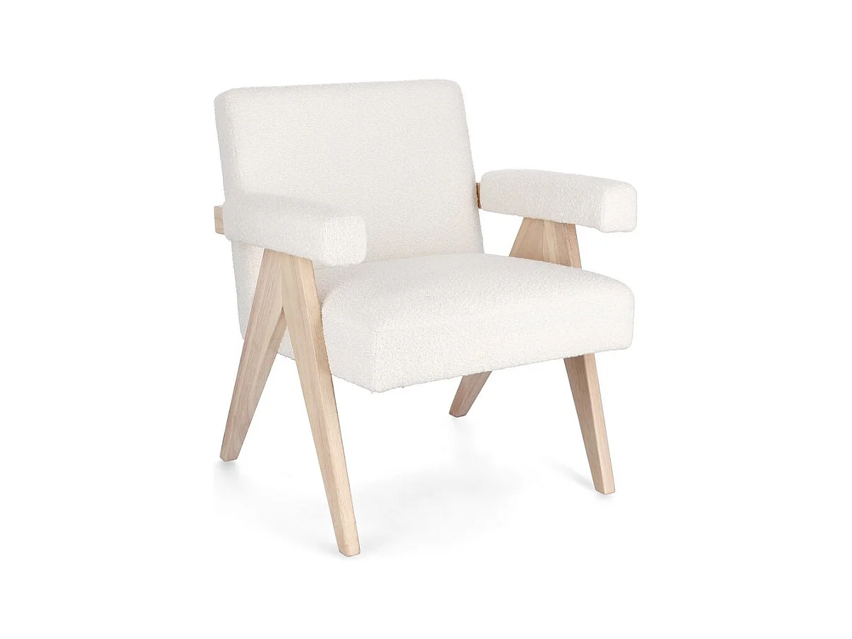 Fauteuil en tissu effet bouclé ivoire avec pieds en bois d'hévéa - FAIZA