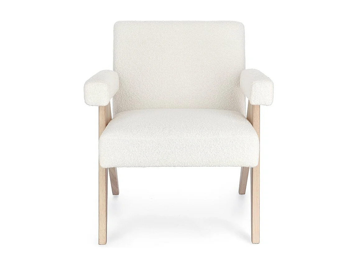 Fauteuil en tissu effet bouclé ivoire avec pieds en bois d'hévéa - FAIZA