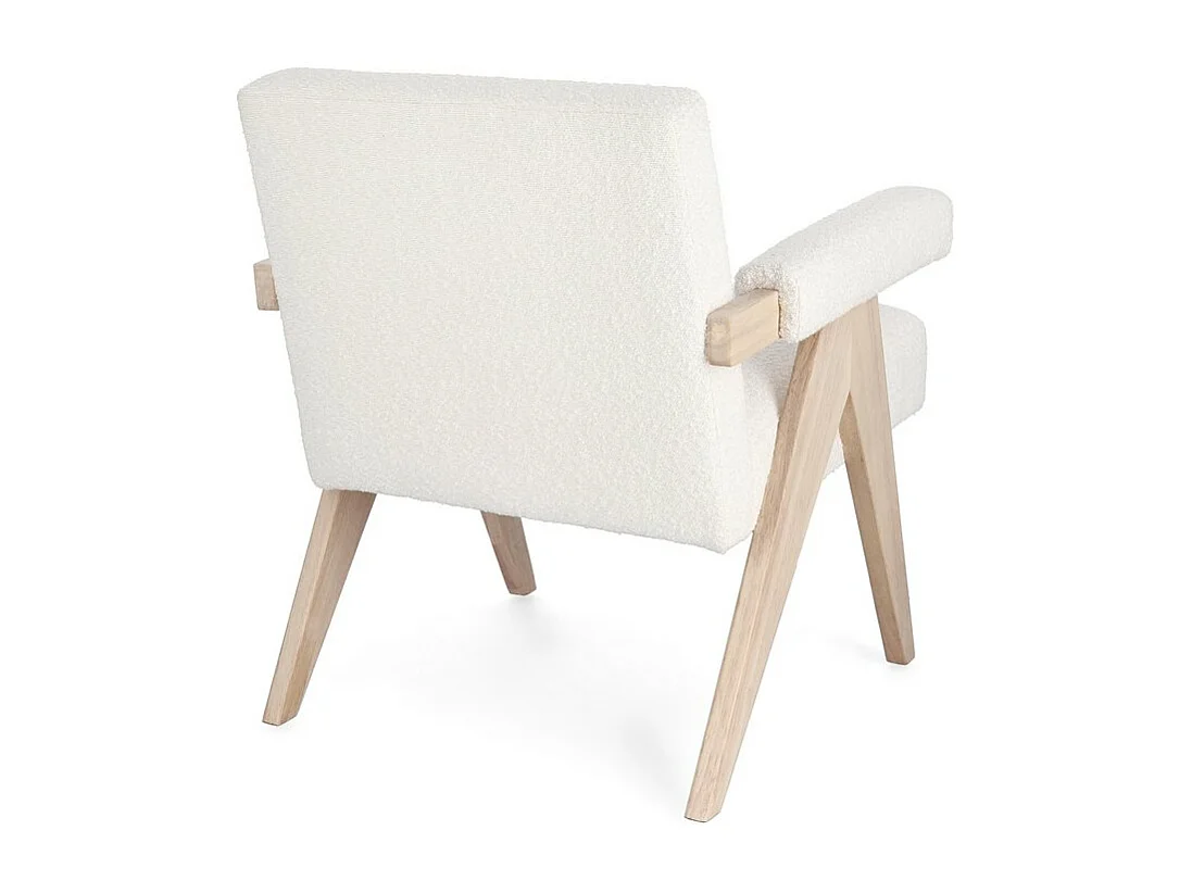 Fauteuil en tissu effet bouclé ivoire avec pieds en bois d'hévéa - FAIZA