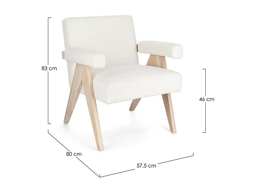 Fauteuil en tissu effet bouclé ivoire avec pieds en bois d'hévéa - FAIZA