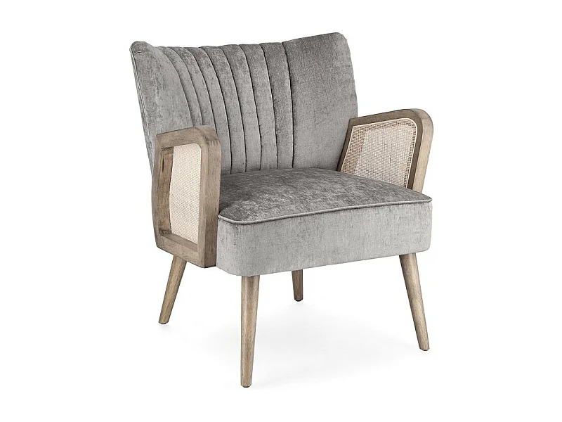 Stoffen fauteuil met grijs fluweeleffect, houten poten en armleuningen - VIRNA