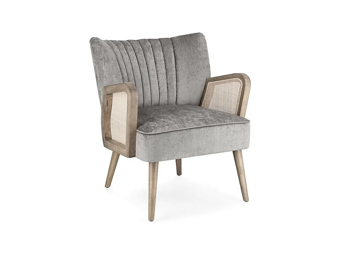 Stoffen fauteuil met grijs fluweeleffect, houten poten en armleuningen - VIRNA